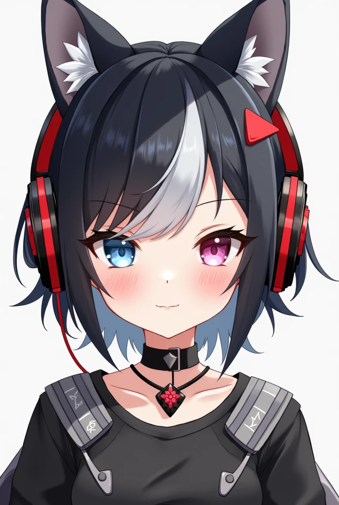 General:
The character is a frontal portrait of a young woman with a very defined and detailed style, with a clear influence from anime character design. His expression is calm and friendly, with a slight smile that gives him an air of friendliness.
Face:
Eyes: Their eyes are particularly notable for their heterochromia, that is, each eye is a different color. The left eye is a vibrant shade of blue, while the right eye is a light pink color. Both eyes have a special shine, with details of light that give them depth and a crystalline appearance.
Skin: The skin is very pale and soft, typical of anime characters, with a flawless finish. The cheeks have a light pink blush that gives a healthy and youthful look.
Hair: The hair is black and short, falling slightly on the shoulders. It is smooth and shiny, with a soft texture. A fringe of white hair stands out across the top of his head, adding an interesting contrast. Additionally, on the top of the head, there are two animal ears, probably from a cat or a wolf, that are black with white tips.
Accessories: She wears a small red triangle as an ornament on the right side of her hair, which appears to be a brooch or pin, adding a touch of color to the monochromatic ensemble of her hair.
Clothing and accessories:
Headphones: Large, modern headphones, bright red with black details, rest on his neck, which seem to be part of his personal style. The headphones are bulky, with padded ear pads that denote comfort.
Necklace: She also wears a black necklace with a floral or perhaps lace design, which adds an elegant and feminine touch.
Clothing: The garment he wears is black with gray and white details, showing a geometric design on the shoulders that gives a modern and technological feeling. The design of the clothing is simple but stylish, complementing the rest of his appearance well.
Additional details:
Shadows and lights: The image has detailed work in the shadows and lights, especially in the hair and skin, which gives it a