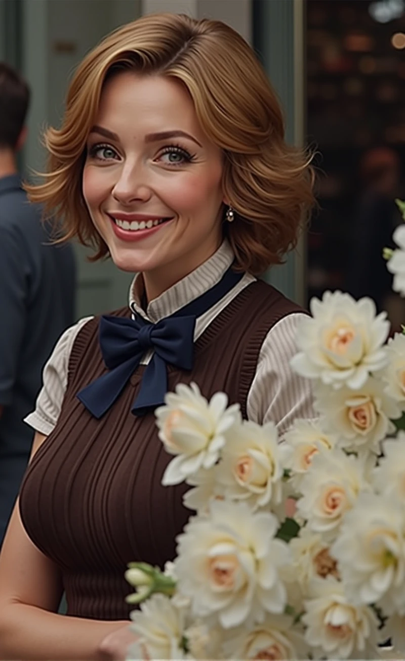 (masterpiece:1.2, highest quality), (Realistic, photoRealistic:1.4), Beautiful illustrations, (Natural Side Lighting, Cinema Lighting), Written boundary depth, Looking at the audience, Front view, 1 girl, german, mature, 55-year-old woman, Perfect Face, Symmetrical cute face, Leg spread, thin, Beautiful Hair, Beautiful Face, Beautiful and beautiful eyes, Beautiful clavicle, Beautiful body, Beautiful breasts, Beautiful thighs, Beautiful legs, Beautiful fingers, ((High-quality fabric, Brown knitted vest, Short sleeve white collar shirt, Navy Pleated Skirt, Navy bow tie)), (Beautiful views), evening, (Inside the flower shop), Are standing, (smile, Superior, Open your mouth), (((Skirt flip, No pants, Genitals are visible))), Full Body Shot, Sexy Face, hard nipples,