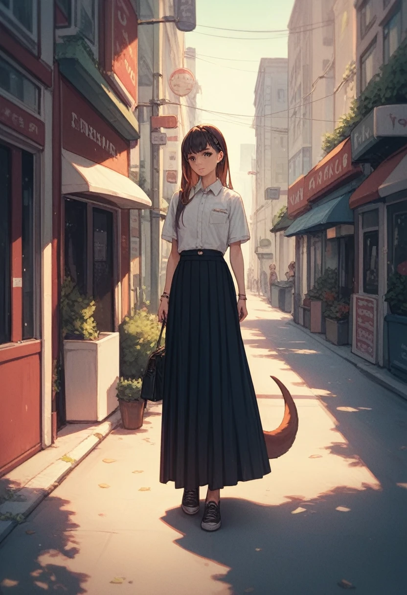 Girl, black long skirt , skirt is very long , skirt with tail,volume skirt,street,standing ,anime,full body