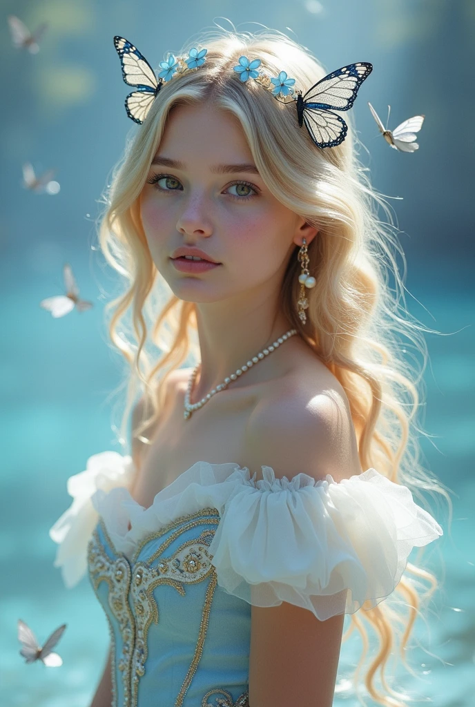 Photograph of a 16 year old girl, perfect face, masterpiece, princess clothes, Brown eyes, blonde , white pearls , butterflies accessory, blue , On foot