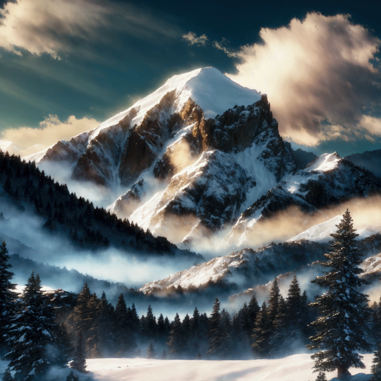 a vast mountain range, dramatic landscape, snow-capped peaks, rolling hills, lush forests, atmospheric lighting, cinematic composition, detailed textures, vibrant colors, serene mood, picturesque scenery, breathtaking vista, dramatic clouds, golden hour lighting, (best quality,4k,8k,highres,masterpiece:1.2),ultra-detailed,(realistic,photorealistic,photo-realistic:1.37),landscape photography