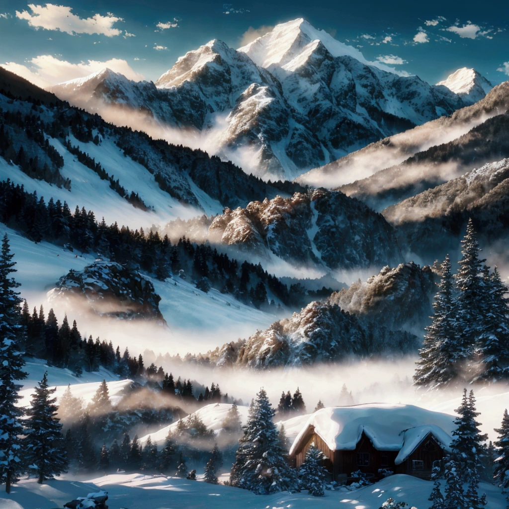 a vast mountain range, dramatic landscape, snow-capped peaks, rolling hills, lush forests, atmospheric lighting, cinematic composition, detailed textures, vibrant colors, serene mood, picturesque scenery, breathtaking vista, dramatic clouds, golden hour lighting, (best quality,4k,8k,highres,masterpiece:1.2),ultra-detailed,(realistic,photorealistic,photo-realistic:1.37),landscape photography