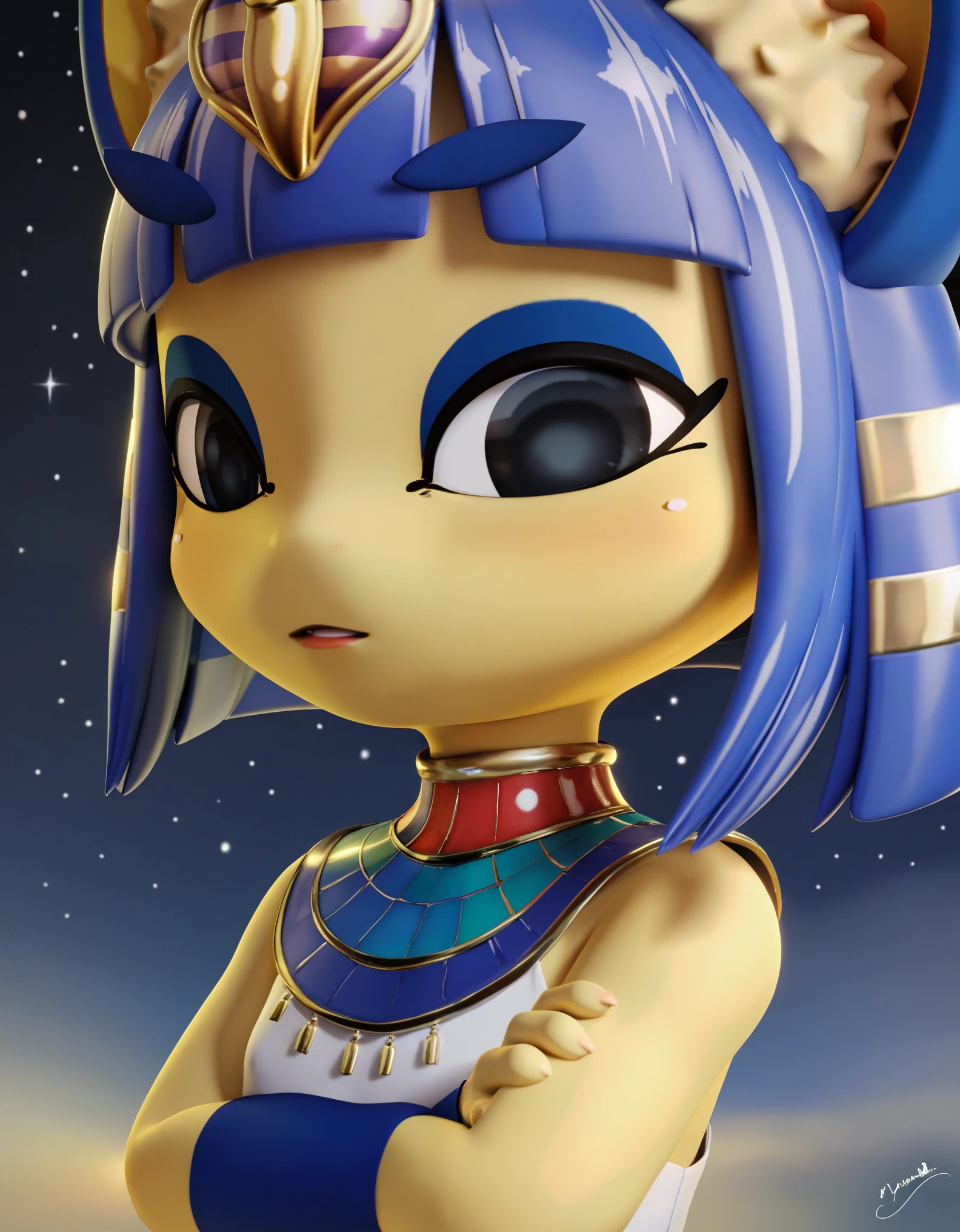 uploaded on e621, ((by Hyilpi, by Supplesee, by Dagasi, Animal Crossing)), solo ((chibi ankha \(animal crossing\))) with ((yellow body)) and (navy blue short hair) and (purple hypnotic eyes), (wear egyptian white dress, egyptian mythology, flat chested,:<, crossed arms), ((detailed fluffy fur)), (three-quarter portrait, looking at viewer, three-quarter view), BREAK (egyptian room, yellow wall, egyptian symbol), (starry, fog, mist) (detailed background, depth of field, half body shadow, sunlight, ambient light on the body), (digital painting \(artwork\), photoshop \(medium\), painttool sai \(medium\) (masterpiece, best quality, ultra realistic, 4k, 2k, (high detail), (3d \(artwork\)), blender \(software\), (soft focus), ray tracing, unreal engine, absurd res