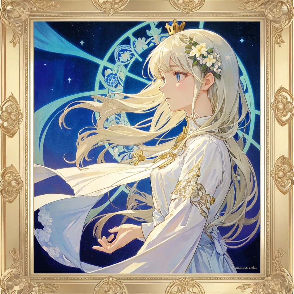 1 girl, (masterpiece, highest quality, highest quality, beautiful and aesthetic: 1.2), (1 girl: 1.3), flower, delicate clothing, square picture frame, ((face)), cool face, beautiful white flower flowing background,(Alphonse Mucha's),Gradient color hairstyle, Ultra-detailed, Soft Light, Gentle colors, 独奏, white long hair, Dutch Angle, frame, profile, short neck,Crown, Church Clothes