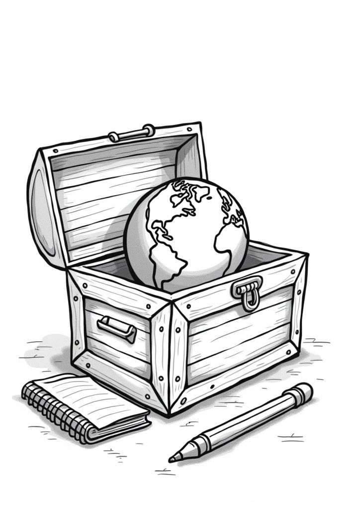 Create a black and white chest to color, inside a telescope, notebook, pencil, earth globe, cartoon