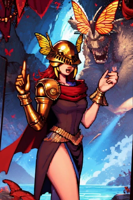 MaleniaDef, red hair, armor, cape, helmet, brown dress, MaleniaRot, wings, coverd eyes, scar, butterfly, bug prothestic leg, single mechanical arm, prosthesis