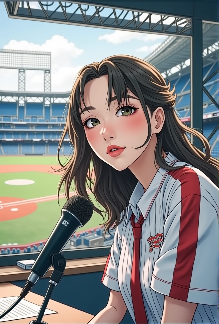 (((photograph、Realistic)))Woman sitting at a desk in front of a microphone, instagramart, Shinhanga, baseball stadium during a game, bright atmosphere, Tokyo Dome, covered!!, official media, toriyama akira, lightning!! (((photo, Photorealism))) Adult video poster layout, Ultra Creative Typographic Poster Designs | Graphic Design * The current female announcer of that famous baseball team makes a shocking AV debut!!. *. 8K digital art poster of typography, ultra-realistic and highly detailed, intricate typography, dynamic composition, (((DVD mark, Blu-ray mark, R-18 mark))).Striking contrast, eye-catching expressive letters, dramatic lighting, erotic atmosphere of adult video, popya color palette, rich texture, cinematography, award-winning, masterpiece, photorealistic, ultra-detailed, surreal, volumetric, vibrant colors, clair obscur, dramatic shadows, dramatic reflections, ethereal, dreamy, surreal, mystical, abstract, conceptual, minimalist, elegant, sophisticated, timeless, visually striking, shocking, compelling, inspiring, evocative