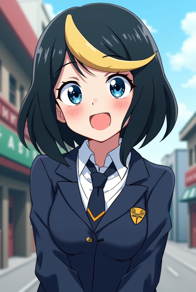 Screenshot of my hero academia. Girl with medium-long black hair with a blonde lock with blue eyes in a UA academy uniform with a happy expression on my hero academia background. 