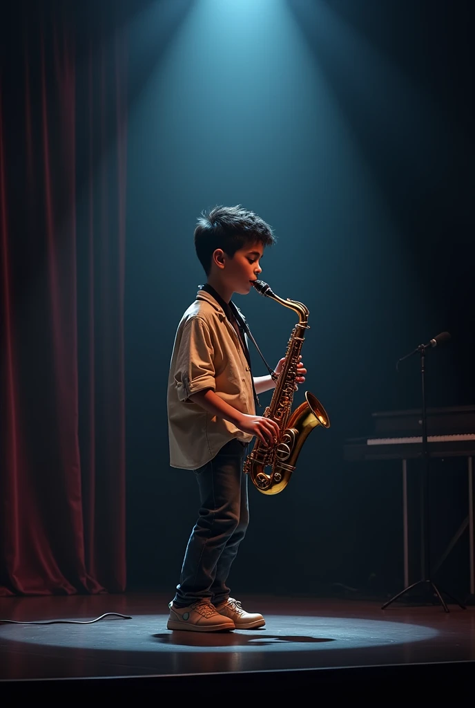 Young man playing saxophone on a stage with lighting