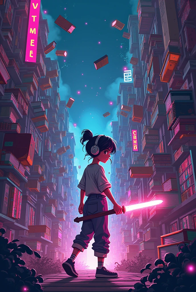 Lofi girl
with pixel pencil sword. having epic fight with books. 1990 arcade game style.