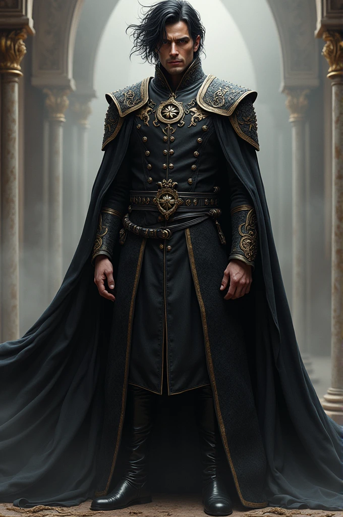handsome man with messy neck length black hair and dark eyes, wearing regal targaryen clothing. Full-body design.
