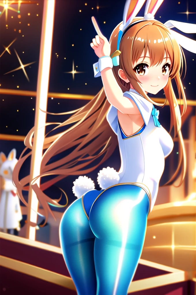 masterpiece, Highest quality, superior_Mikoto, Brown eyes, View your viewers, Casino Background, alone, Small breasts, superior半身, , smile, close_mouth, ((Are standing)), Abusing lens flares, thick, One Girl, One girl, Nice ass, Sexy pose, One Girl, Camel Toe, Bunny girl, Bodysuits, Playboy, pantyhose, Bunny ears, latex, 1 suit, White suit, Golden Bunny Suit, Bunny girl, thick suit, blue pantyhose, Blue Legs, Blue leggings