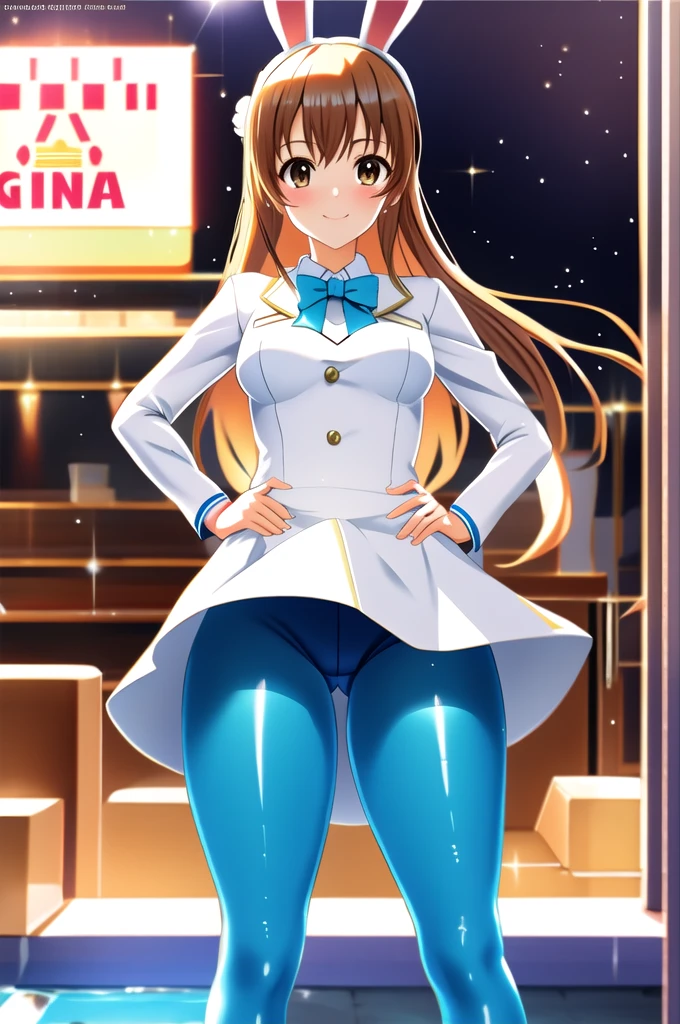 masterpiece, Highest quality, superior_Mikoto, Brown eyes, View your viewers, Casino Background, alone, Small breasts, superior半身, , smile, close_mouth, ((Are standing)), Abusing lens flares, thick, One Girl, One girl, Nice ass, Sexy pose, One Girl, Camel Toe, Bunny girl, Bodysuits, Playboy, pantyhose, Bunny ears, latex, 1 suit, White suit, Golden Bunny Suit, Bunny girl, thick suit, blue pantyhose, Blue Legs, Blue leggings