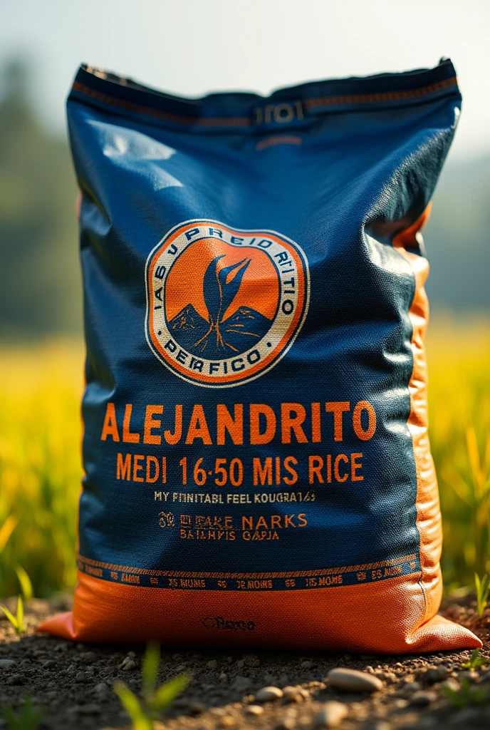 PERUVIAN RICE SACK DESIGN OF 50 KILOGRAMS DARK BLUE COLOR and/or ORANGE, WITH THE NAME ALEJANDRITO that is striking, type of plastic bag that reflects that it is a Peruvian brand, for example, putting rice fields in the background