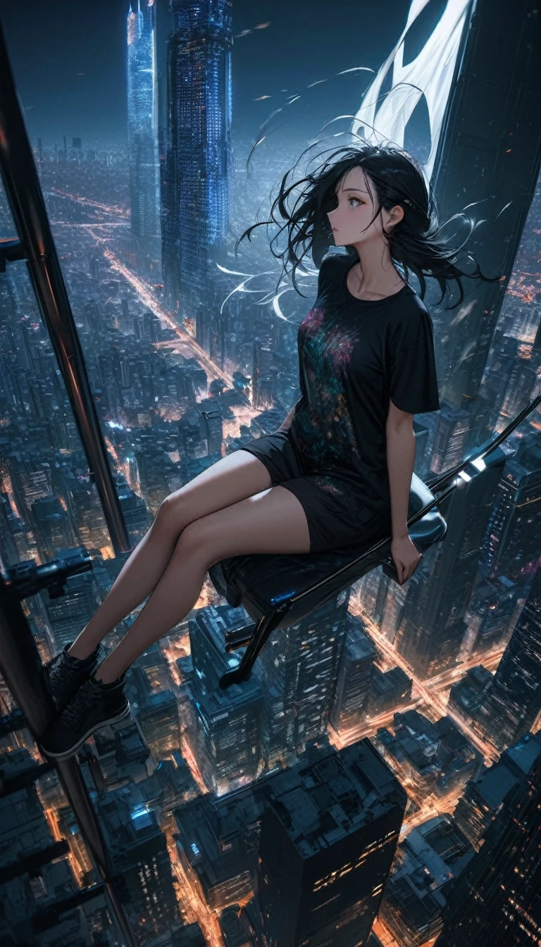 High resolution, Highest quality, high resolution, Super Fine, 16K, Unbelievably absurd, Very detailed, Beautiful woman sitting on a trapeze suspended between two skyscrapers, Gazing into the distance, Wear a loose, long T-shirt, Captivating look, Wind, Wind-effect, moonlit nightscape, (Nice views:1.1) , Clockpunk