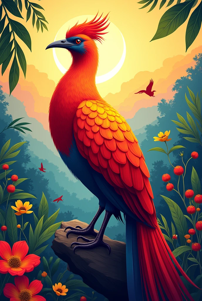 I need you to create a pet for me that is a bird., This bird is red because it has to represent the Colombian airline Satena and in the background there are yellow, blue and red colors and a lot of biodiversity. 