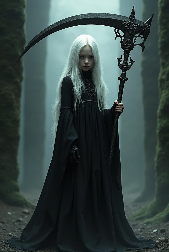 A young girl, white hair, black dress, a scythe in her hands, death.