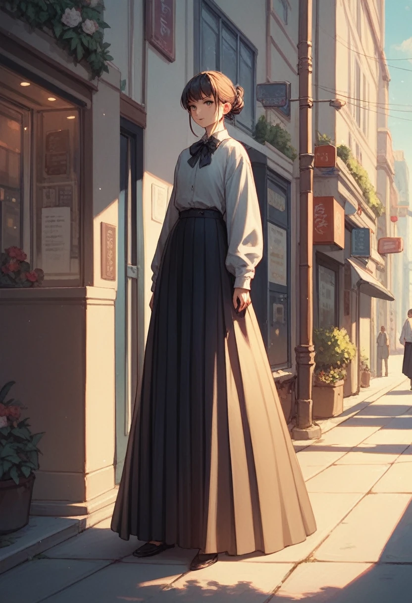 Girl, wearing black long skirt , skirt is very long ,long dress ,volume skirt,street,standing ,anime,full body