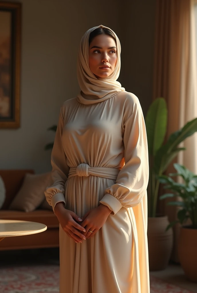 (photorealism:1.2), beautiful woman, certain, assertive,clam in 20s, standing up for herself, elegant abaya,indoors, soft lighting, cozy room, confident pose, realistic, intricate details.