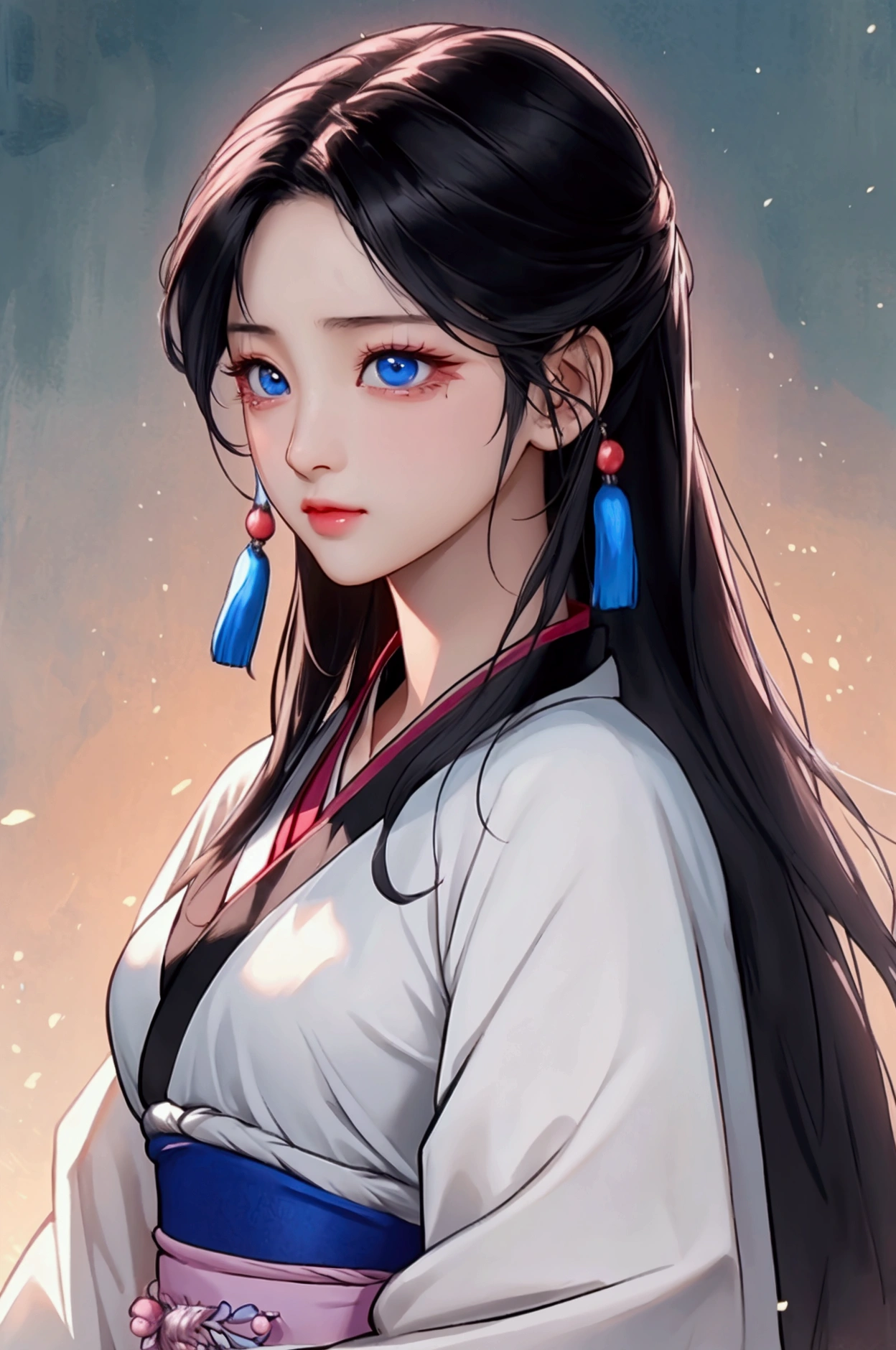 (Highest quality、 8k 、masterpiece、High resolution)、(Chinese Drama、Changgexing、Li Changge、Dililaba)、Tang Dynasty、Changan、1 Female、Beautiful young person、blue eyes、Pretty lips、A single tear、Light colored long hair、Light pink Hanfu、Twilight Forest、古いChanganの街並み、Official Art、Detailed CG、