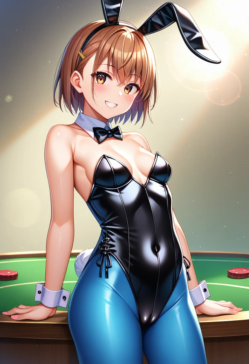 masterpiece, best quality, top_mikoto, brown eyes, looking at viewer, casino background, alone, small breasts, upper body, , smiling, close_mouth, ((standing)), abuse of lens flare, thick, one_girl, 1 girl, nice_ass, sexy_pose, one_girl, camel_toe, bunny_girl, bodysuit, playboy, pantyhose, bunny_ears, latex, one_suit, white_suit, golden_bunny_suit, bunny_girl, thick_suit, blue_pantyhose, blue_legs, blue_leggings