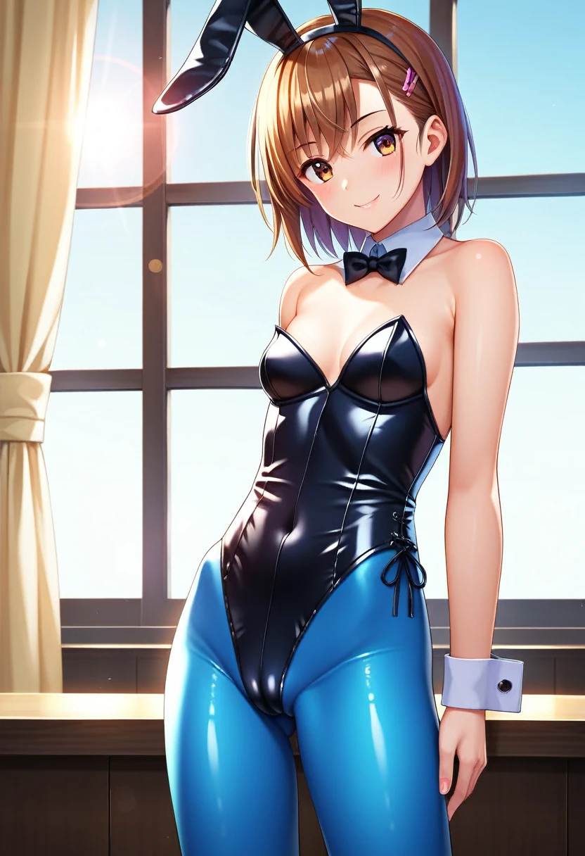 masterpiece, best quality, top_mikoto, brown eyes, looking at viewer, casino background, alone, small breasts, upper body, , smiling, close_mouth, ((standing)), abuse of lens flare, thick, one_girl, 1 girl, nice_ass, sexy_pose, one_girl, camel_toe, bunny_girl, bodysuit, playboy, pantyhose, bunny_ears, latex, one_suit, white_suit, golden_bunny_suit, bunny_girl, thick_suit, blue_pantyhose, blue_legs, blue_leggings