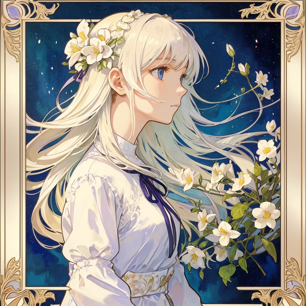 1 girl, (masterpiece, highest quality, highest quality, beautiful and aesthetic: 1.2), (1 girl: 1.3), flower, delicate clothing, square picture frame, ((face)), cool face, beautiful white flower flowing background,(Alphonse Mucha's),Gradient color hairstyle, Ultra-detailed, Soft Light, Gentle colors, 独奏, white long hair, Dutch Angle, frame, profile, short neck, Church Clothes, Flower storm