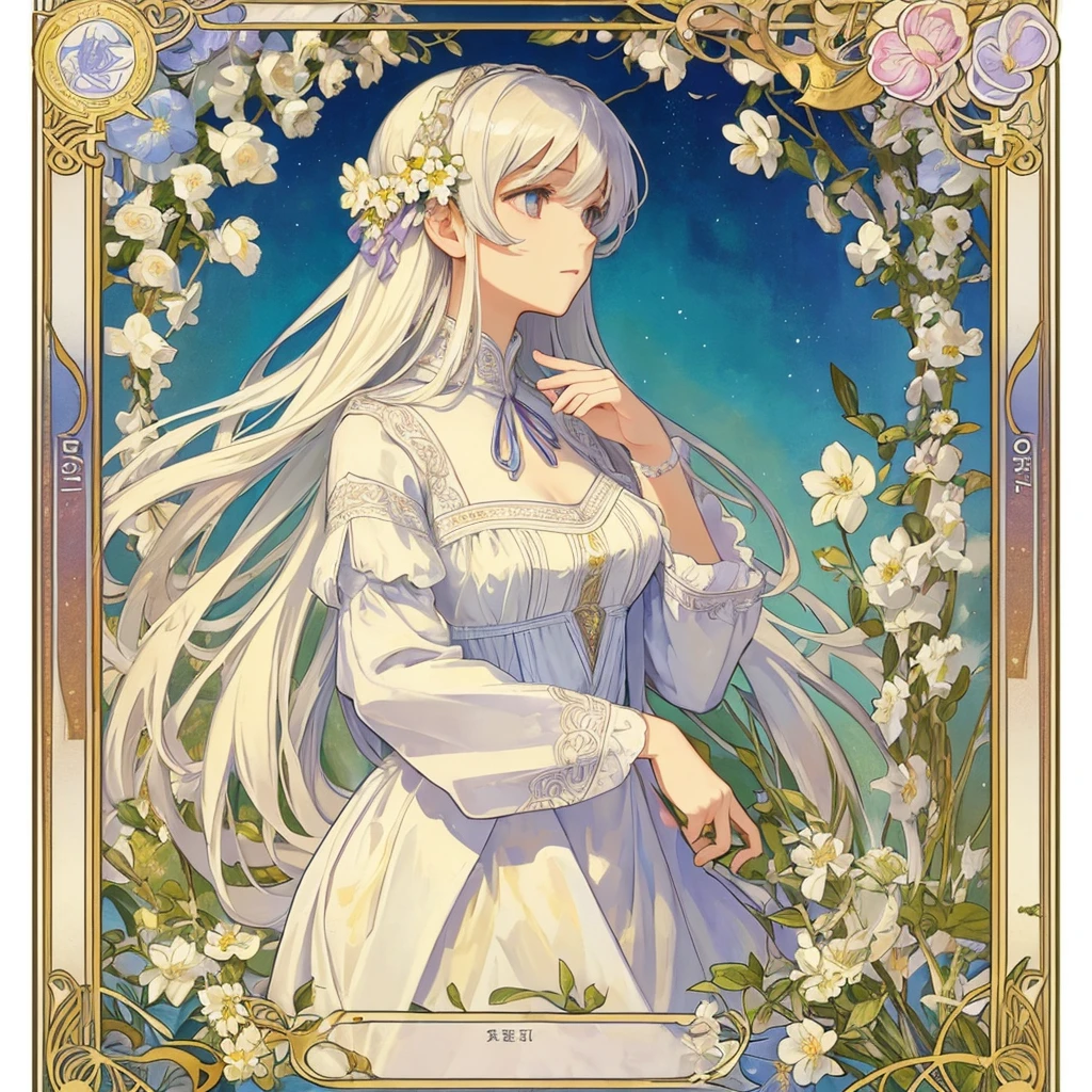 1 girl, (masterpiece, highest quality, highest quality, beautiful and aesthetic: 1.2), (1 girl: 1.3), flower, delicate clothing, square picture frame, ((face)), cool face, beautiful white flower flowing background,(Alphonse Mucha's),Gradient color hairstyle, Ultra-detailed, Soft Light, Gentle colors, 独奏, white long hair, Dutch Angle, frame, profile, short neck, Church Clothes, Flower storm
