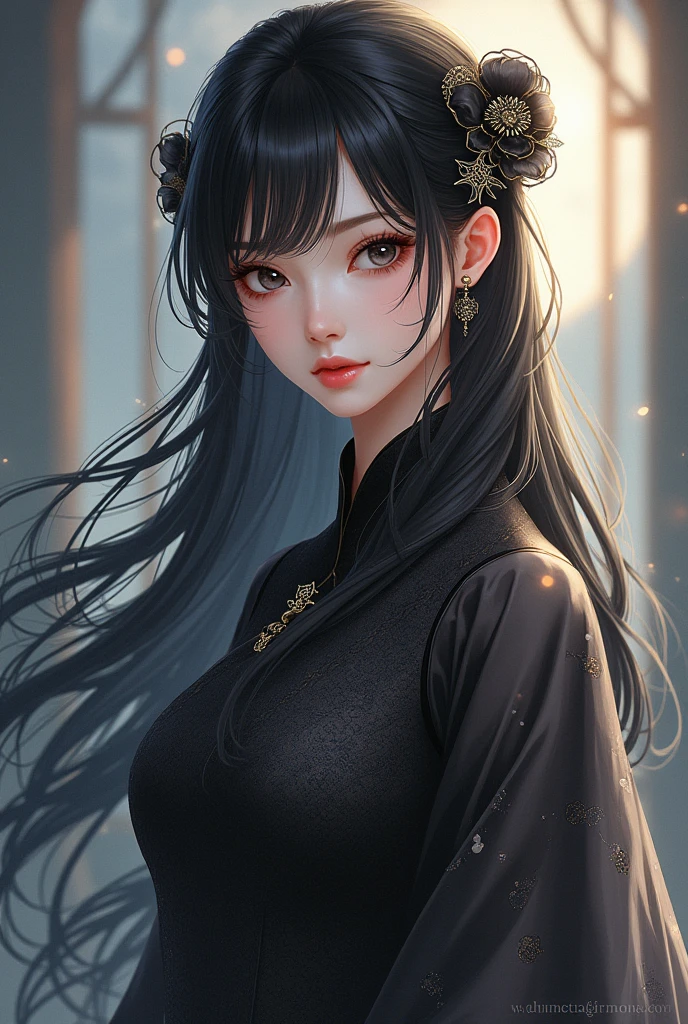 Ultra-high resolution, Clear face, (Reality: 1.4), perfect lighting,(photorealistic), anime wallpaper, Guviz style artwork, fantasy to magic cover, beautiful artwork illustration, beautiful digital artwork, beautiful digital illustration , beautiful portraits, illustrations, delicate and beautiful, highly detailed, fine details, official art, highly detailed unity 8k CG wallpapers, highly detailed, high resolution, highly detailed, highly detailed eyes and faces, beautifully detailed eyes, cinematic lighting, 25 year old woman,1girl, solo, long hair, black hair, hair ornament, Chinese dress, black dress, cheongsam ,absudres, standing, (full body), photo realistic:1.5, (looking at viwer:1.3), (Realistic woman), Nine-tailed fox tail,