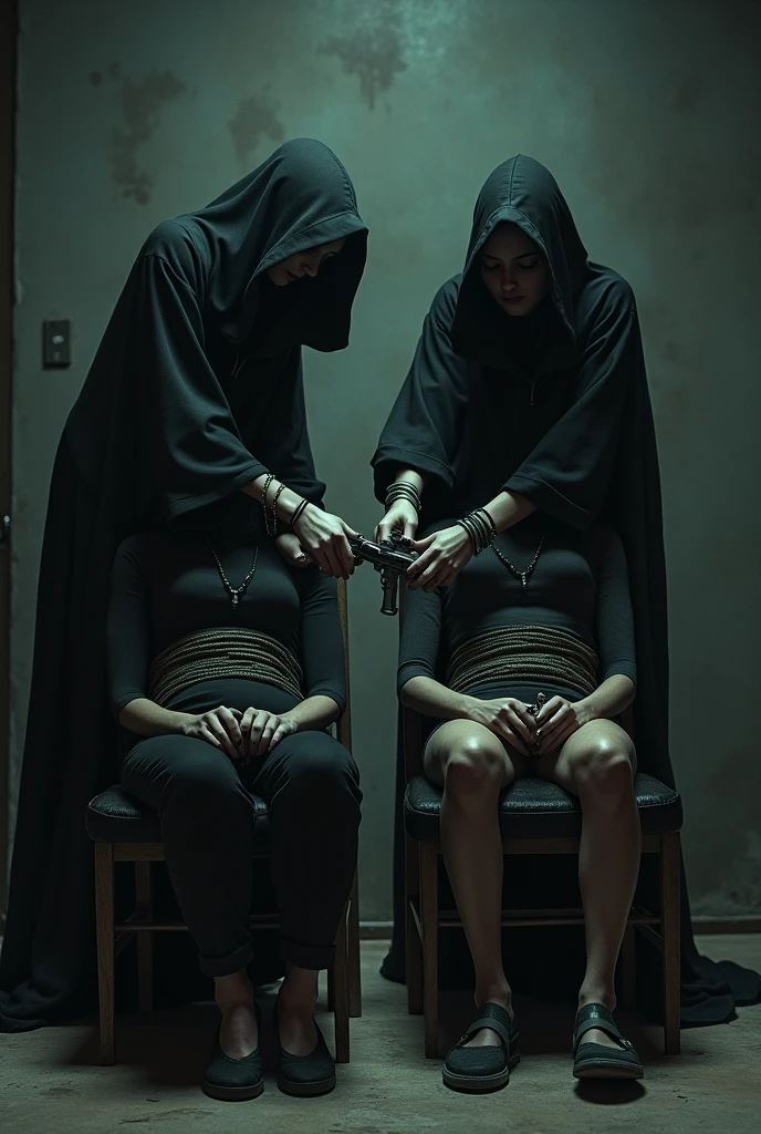 2 women wearing a hood make a kindapi to kidnap 2 women who are tied to a chair with their feet tied, their hands tied, their eyes blindfolded and a gun to their head 