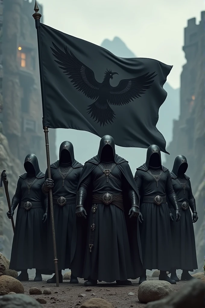 Help me create an image in which the characters of Clash of Clans appear as if they belong to a clan called Phoenix, The characters' clothing must be all black and the flag must also be all black.
