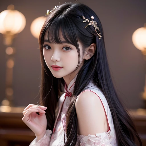 best quality, Delicate face，beautiful visual work, lifelike,  eternity, black hair, Long curly hair, blunt bangs, Smile, Detailed Background,  Delicate face，pink blush，cold，((masterpiece))、(top quality)、8k、high detail、Super detailed，21 years old female，Wearing Chinese cheongsam、Seductive and whimsical style、masterpiece、born、Scenes resembling fairy tale illustrations、Intricate details and complex designs、Beautifully、magic、capricious、 Beautifully、Dream aesthetics、「𝓡𝓸𝓶𝓪𝓷𝓽𝓲𝓬、ethereal、charming、fickle、magic」、Realism、Visual effects、FXAA、SSAO、Shaders、voiceless、ambient lighting、Tone mapping、High resolution、Ultra high quality、Million pixels、(8K resolution:1.10)、8k、Below 8K、8K resolution、high detail、intricate details， (high quality:1.2、masterpiece:1.2、:1.21)、(21 years old female:1.21)、(Smile excitedly)、(Surrounded by the dreamy atmosphere、Model diagram，full-body shot，Normal 2 feet，Don't show your fingers