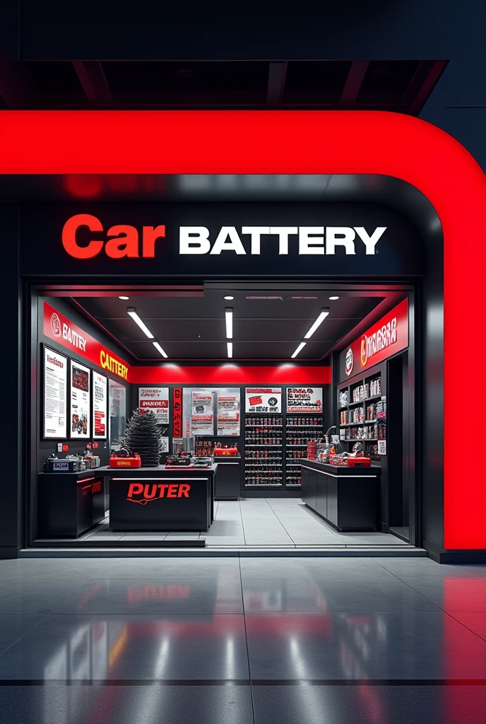 I want to open a business selling car batteries, that it is a modern place, that red and black colors predominate, with posters on the walls, Without so much glass I want a view of the business outside