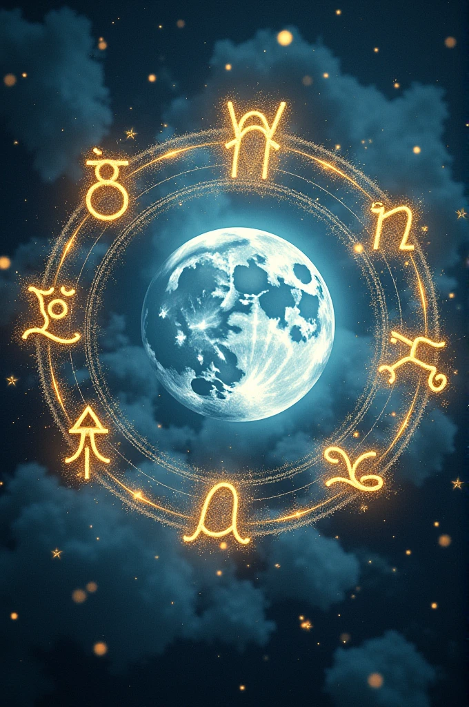 Generate an image that is between realistic and fantasy, In the center is the Moon and around it in a circular and central form the symbols of the Zodiac signs can be clearly seen., the background of the image somewhat abstract, use colors like blue, gold and silver.