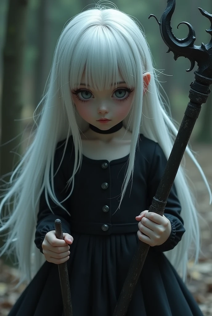 A young girl, white hair, black dress, a scythe in her hands, death. Nsfw
