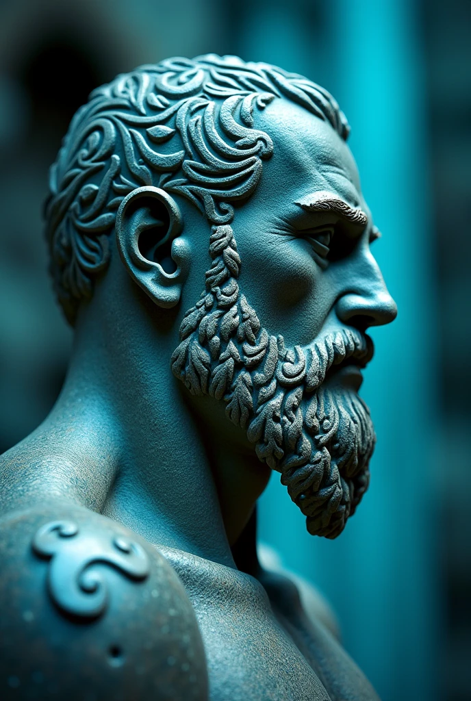 Create a stone sculpture of a Viking man&#39;s face in profile in Greek sculpture style with turquoise blue lights and tattoos