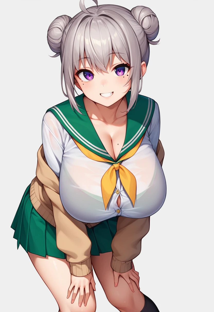 1 girl, alone, chest, looking at viewer, smiling, bangs, skirt, huge breasts, simple background, shirt, knee-high socks, long sleeves, white background, school uniform, purple eyes, collarbone, white shirt, ahoge, grey hair, pleated skirt, open-necked outfit, sailor uniform, see-through, black knee-high socks, sailor collar, off-shoulder, hair bun, mole, smiling, neckerchief, sleeves longer than wrists, mole under eye, double bun, leaning forward, cardigan, green skirt, yellow neckerchief collar, top 3 buttons of sailor collar open, open-necked cardigan, open-necked sailor uniform, green sailor collar, hands on own thighs, cleavage, emphasis on cleavage, (no eye highlights)