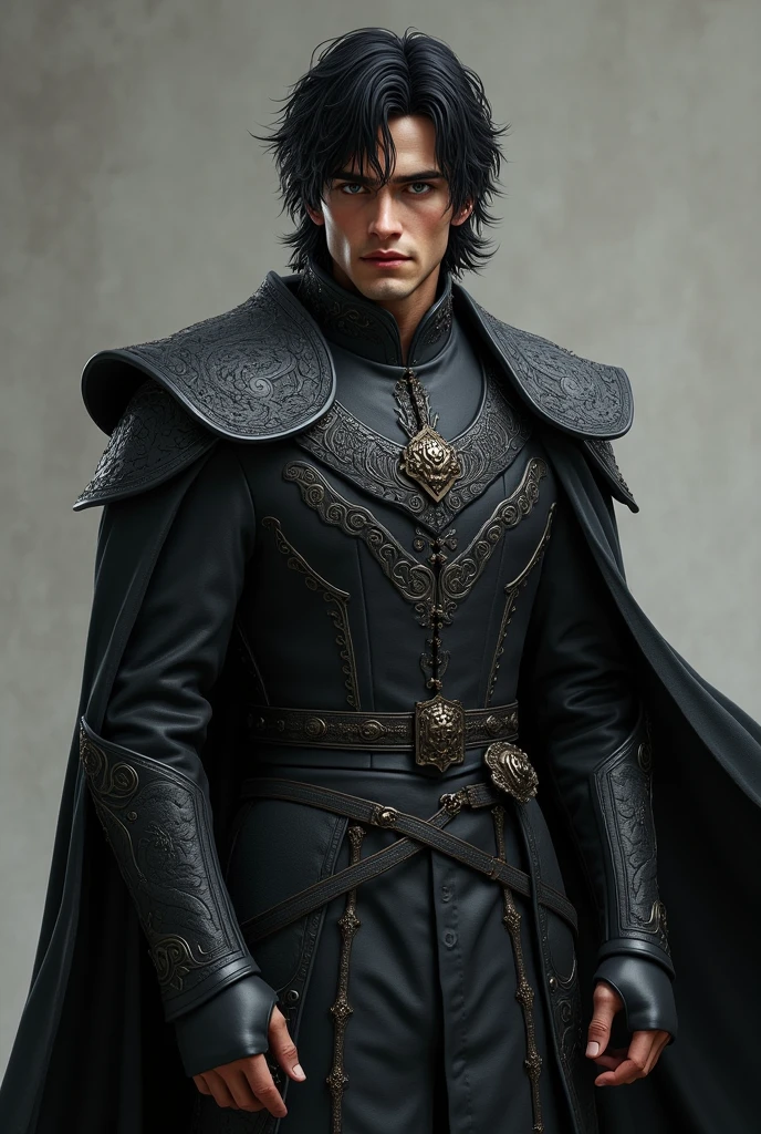 handsome man with messy neck length black hair and dark eyes, wearing targaryen clothing. Full-body design.