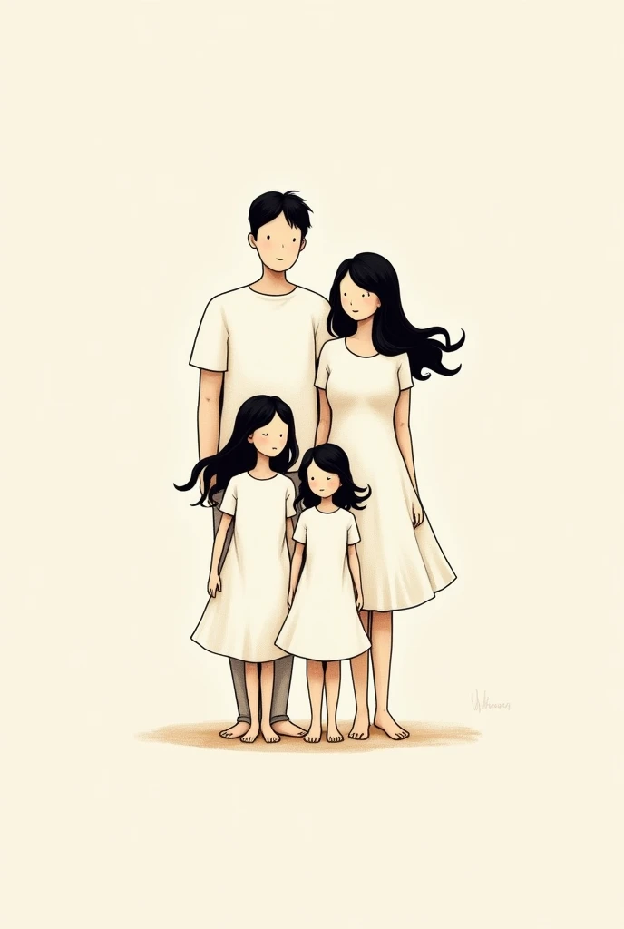 A simple, easy to draw of a family of four with two daughters, all don't have any face, and their hairs are all black