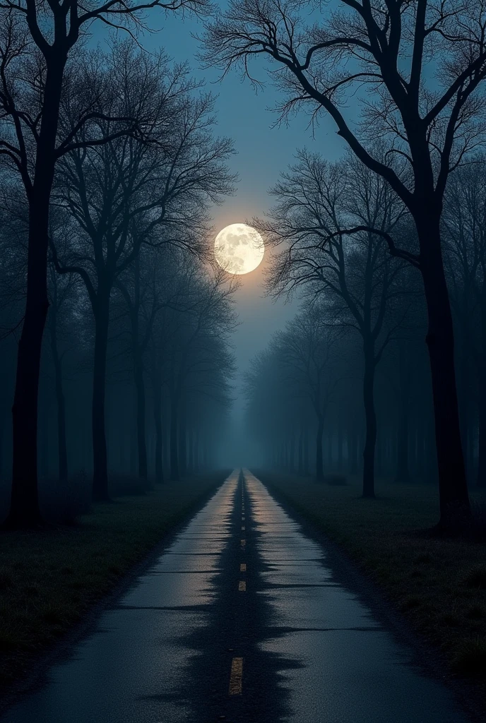dark road,fullmoon,Dry trees