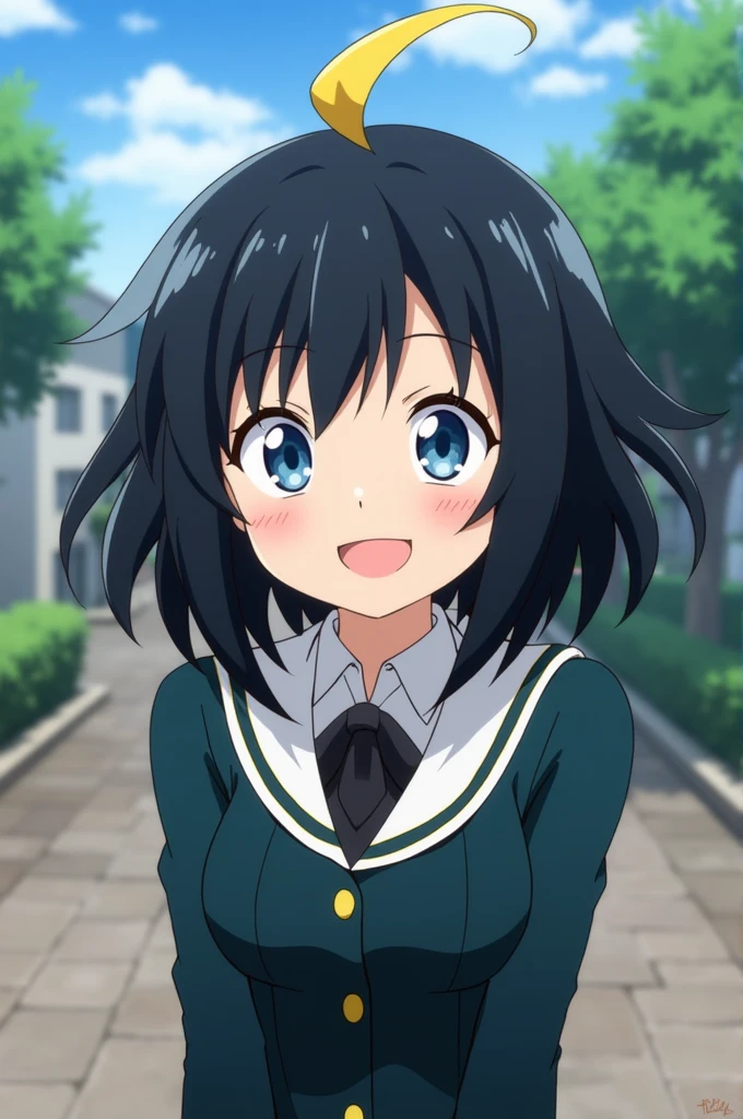 Screenshot of my hero academia. Girl with medium-long black hair with a blonde lock with blue eyes in a UA academy uniform with a happy expression on my hero academia background