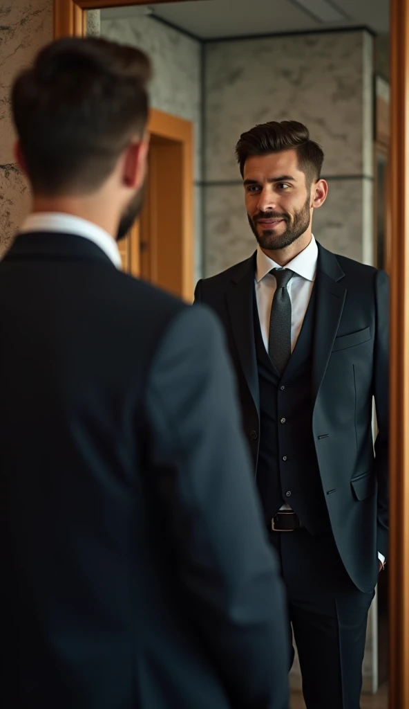 a full Portrait of a businessman with a suit in a room standing behind his mirror watching himself in the mirror, this man must be handsome and with little elegant hair the image must be clear and in 8k and behind him you must see New York