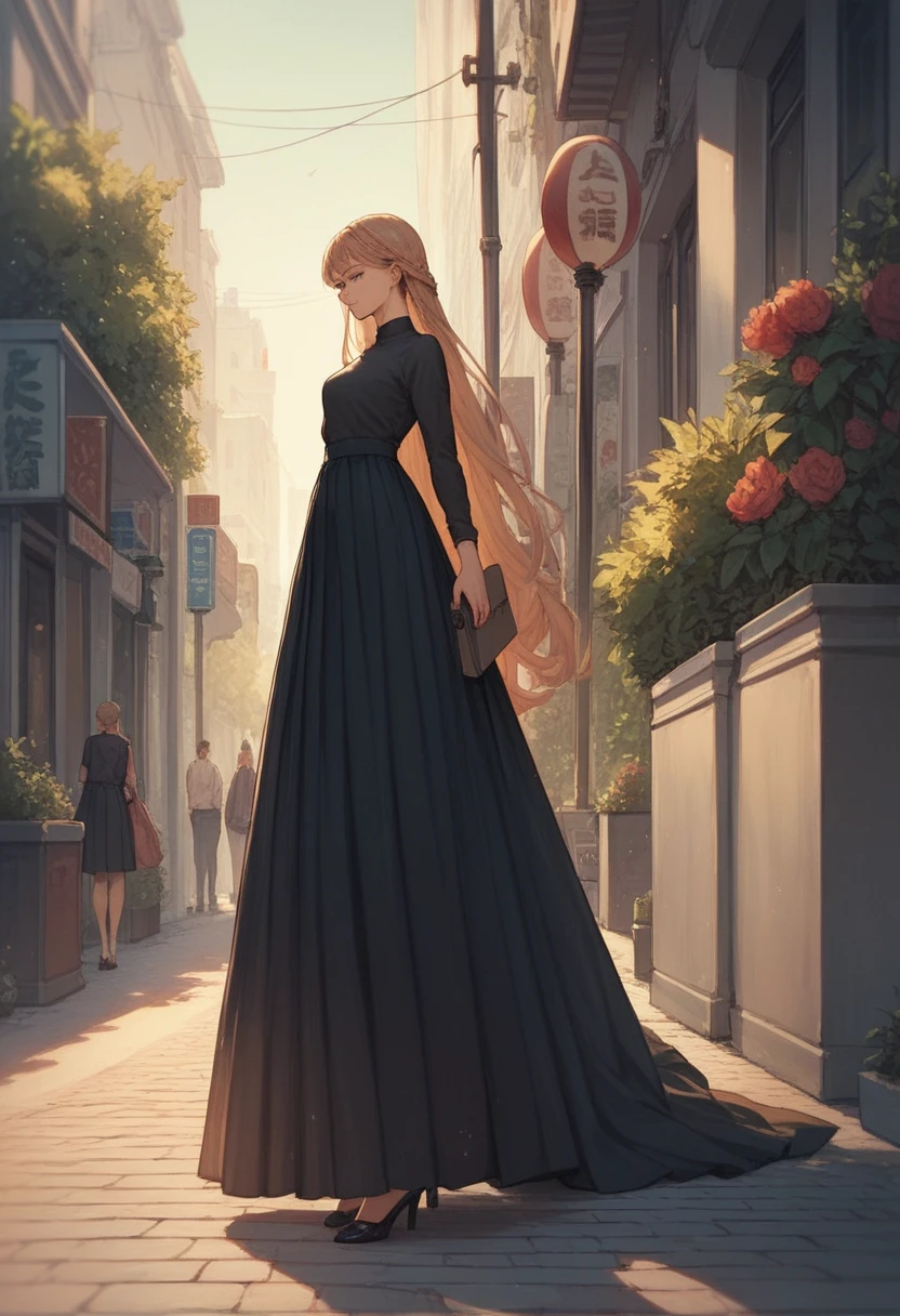 Girl, wearing black long skirt , skirt is very long ,long dress ,volume skirt,street,standing ,anime,full body