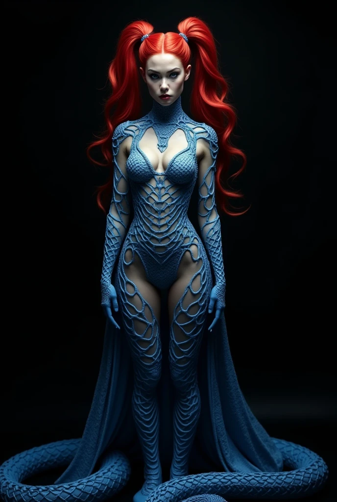 Red-haired snake woman,with chrome gray clothes full of chains tied,black background and full body