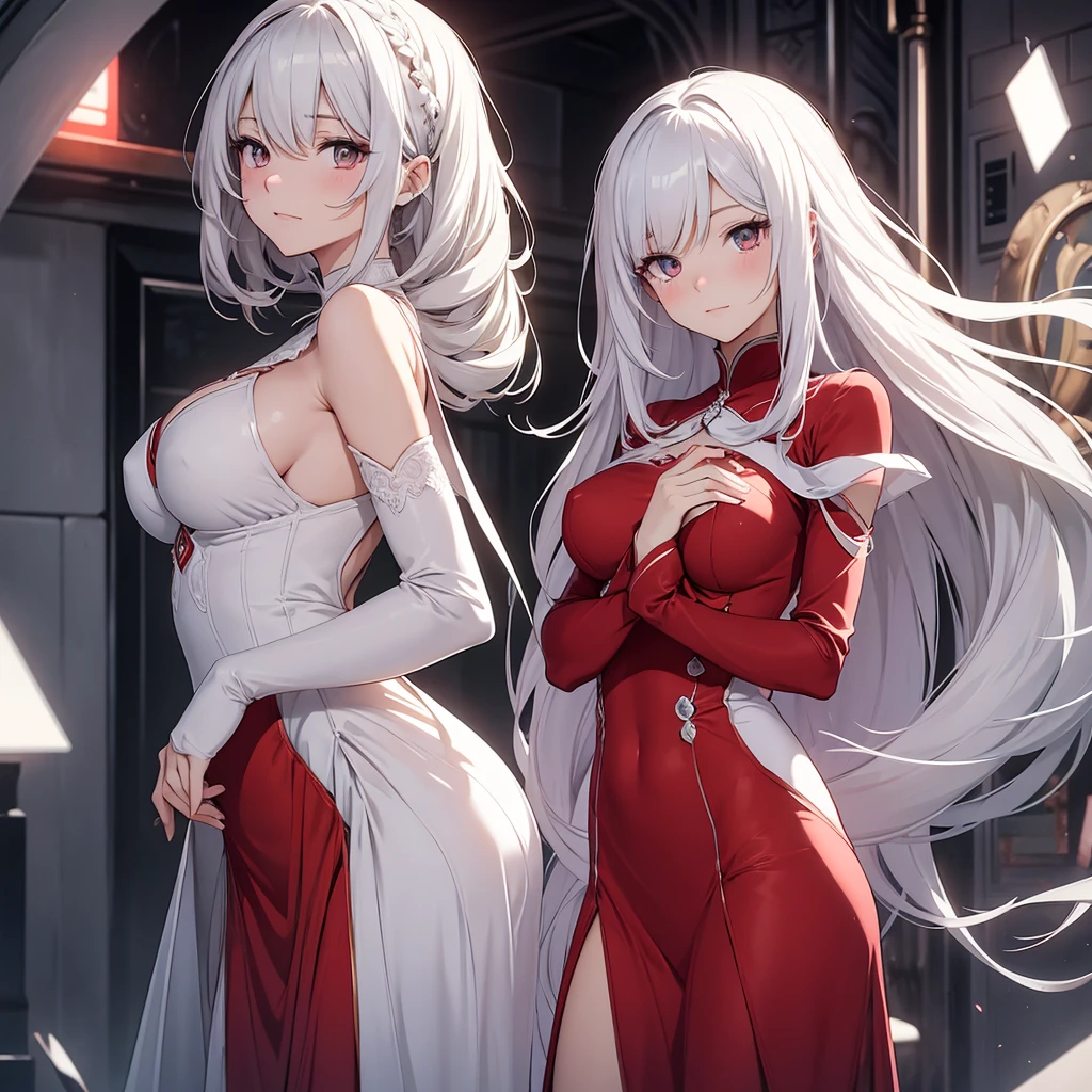 beautiful illustration, illustration style. Style ilustration anime. ((Alone, 1 girl)). excellent quality, fine details, delicate details, 1 woman, girl alone. Perfect hands, excellent ???????. Body:1.3

beautiful girl, has a slim figure. Her skin is pale and without blemishes. Her hair is long, Wavy, platinum white that reaches to the hips. ((Eyes red color)). enigmatic aura. friendly expression. Medium to large breasts.

Long dresses in white.