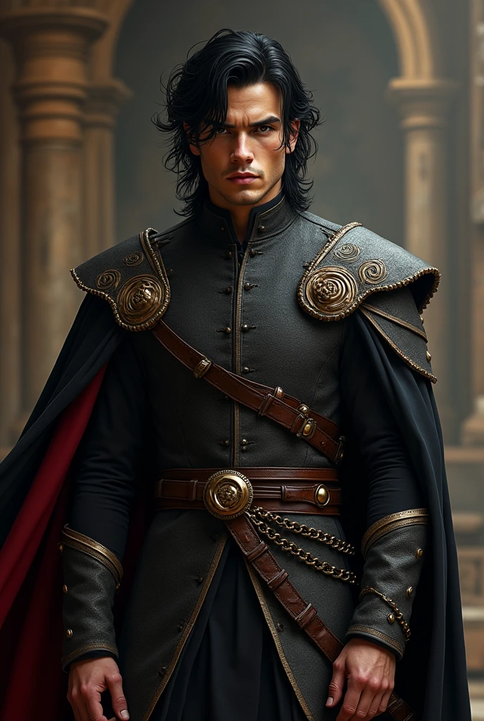 handsome man with messy neck length black hair and dark eyes, wearing targaryen clothing. Full-body image.