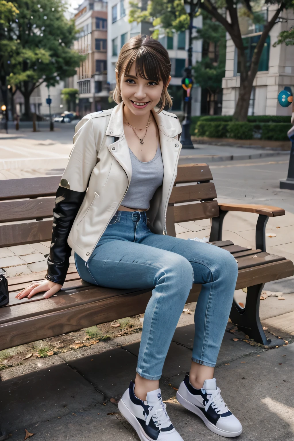 High resolution, 8k wallpaper, Beautiful Caucasian Woman、Full body photo、,Leather jacket sitting on a park bench、shirt、Skinny jeans、sneakers、、Necklace around the neck、 bionde 、Short Haircut、Wavy Hair、ear piercing、smile、Beautiful teeth alignment、