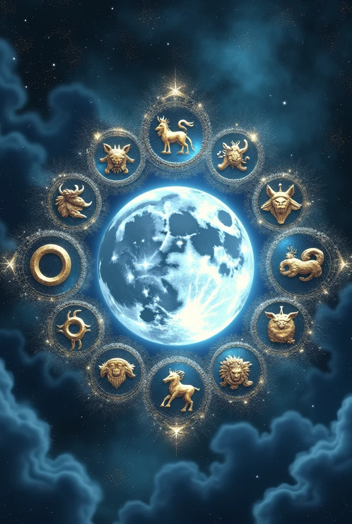 Generate an image that is between realistic and fantasy, In the center is the Moon and around it in a circular and central form the symbols of the Zodiac signs can be clearly seen., the background of the image somewhat abstract, use colors like blue, gold and silver.