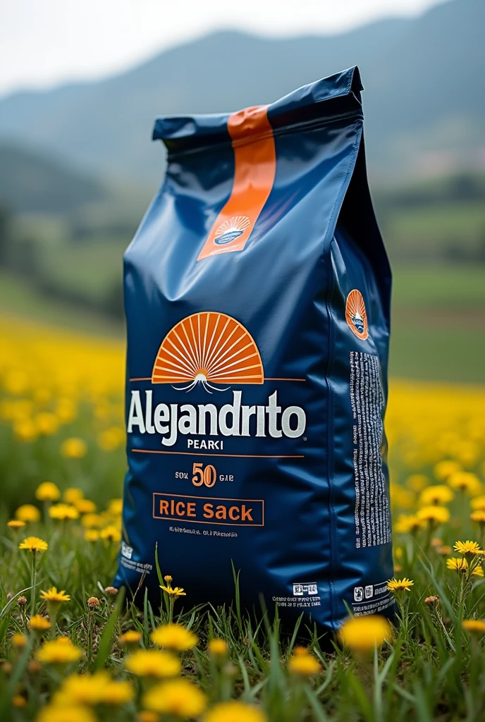 PERUVIAN RICE SACK DESIGN OF 50 KILOGRAMS DARK BLUE COLOR and/or ORANGE, WITH THE NAME ALEJANDRITO that is striking, type of plastic bag that reflects that it is a Peruvian brand, for example, putting fields in the background . SOMETHING EYE-CATCHING OR LIVELY THAT REFLECTS PERU