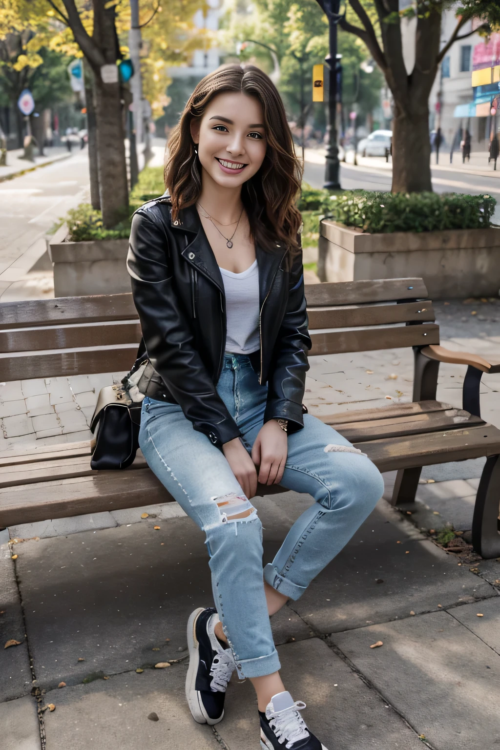 High resolution, 8k wallpaper, Beautiful Caucasian Woman、Full body photo、,Leather jacket sitting on a park bench、shirt、Skinny jeans、sneakers、、Necklace around the neck、 bionde 、Short Haircut、Wavy Hair、ear piercing、smile、Beautiful teeth alignment、